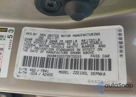 2007 Toyota Corolla Le from USA, damaged, VIN 1NXBR32E07Z870533